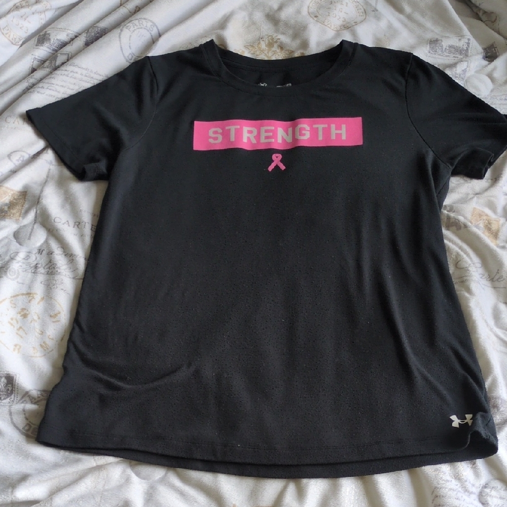 Under Armour Black Tee with Pink Strength Graphic Breast Cancer Awareness.